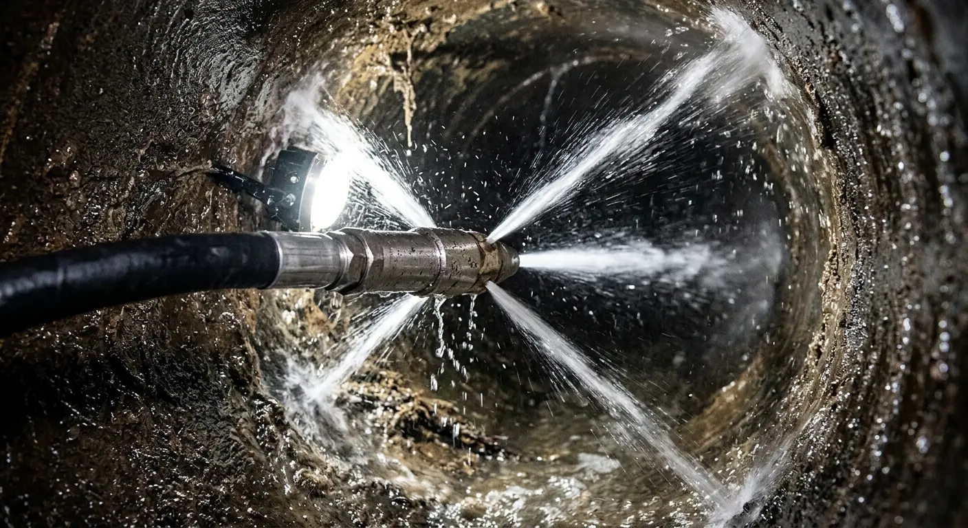 High-pressure hydro jetting nozzle cleaning sewer pipe for Sewer Cleanout in Greenwich