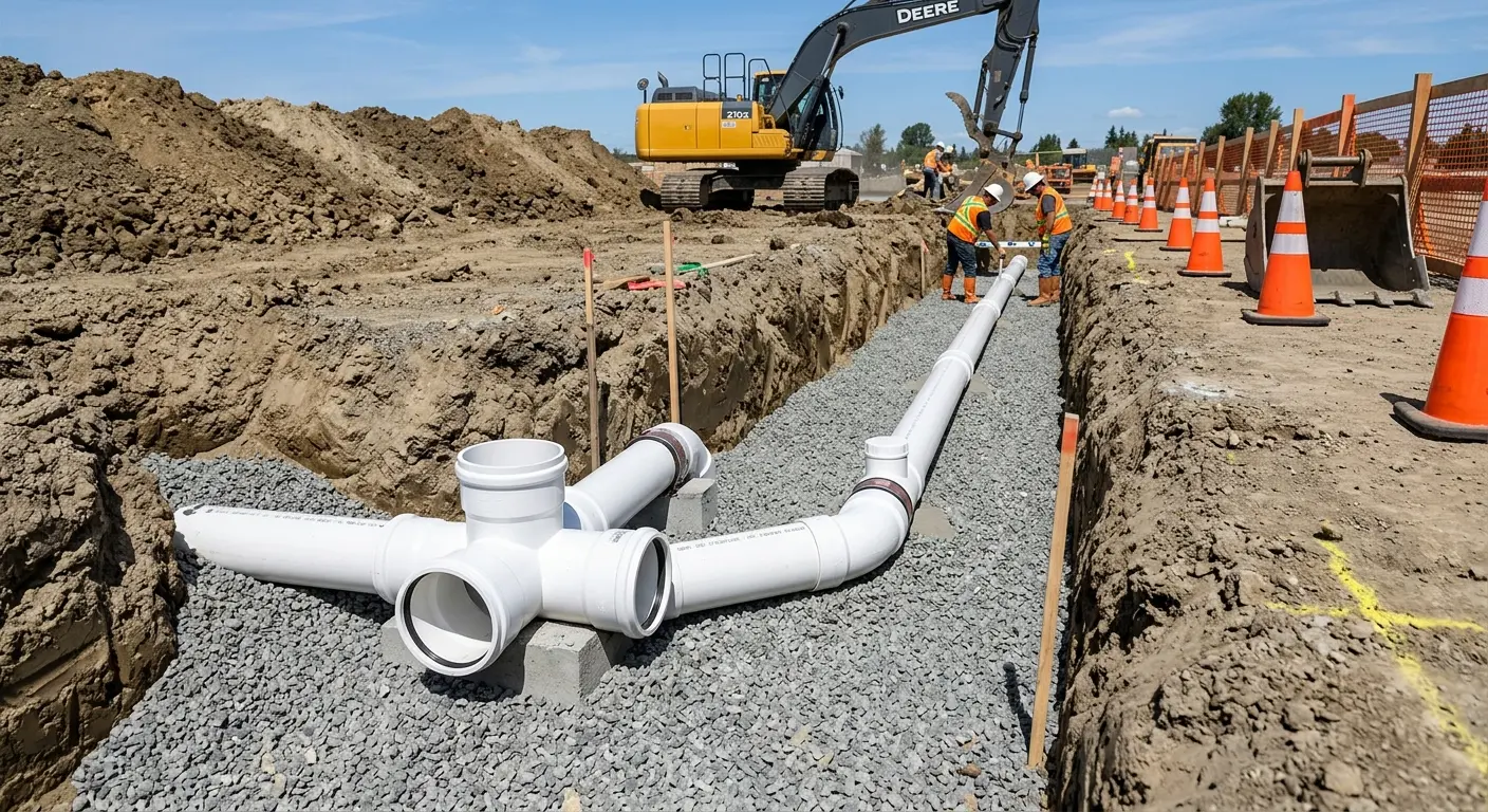 New PVC sewer pipe installation in open trench for Sewer Backup in Greenwich